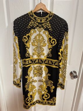 Karen Millen Black, Yellow and White Baroque Studded Long Sleeve Dress